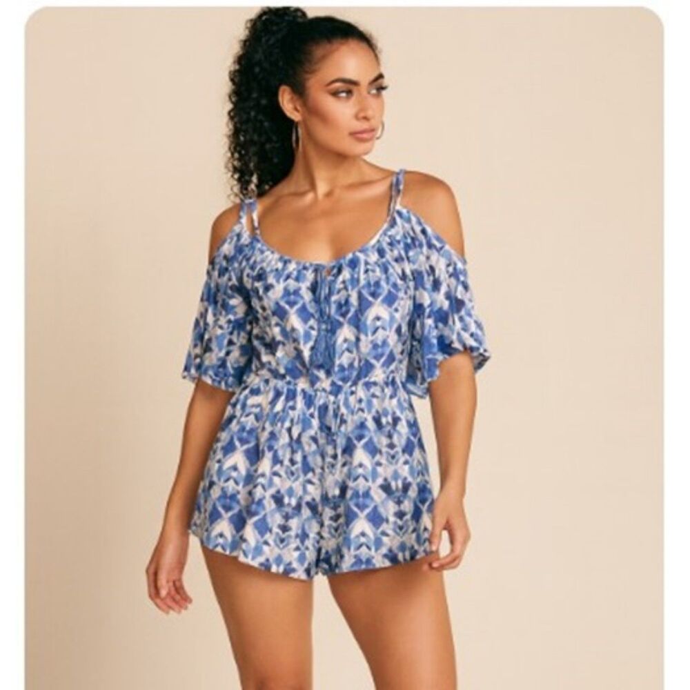 Ark NC Bohemian Romper Blue Geometric Off Shoulder Shorts One Piece Size M